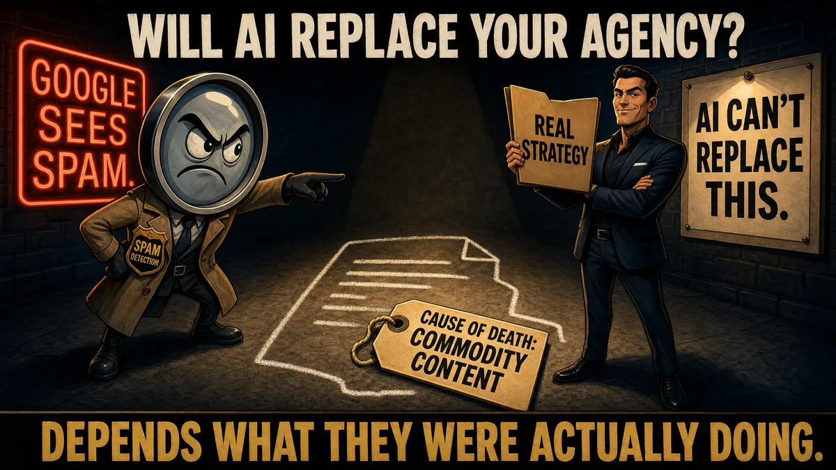 Will AI replace your marketing agency in 2026 — illustration of AI tools alongside a real agency partner